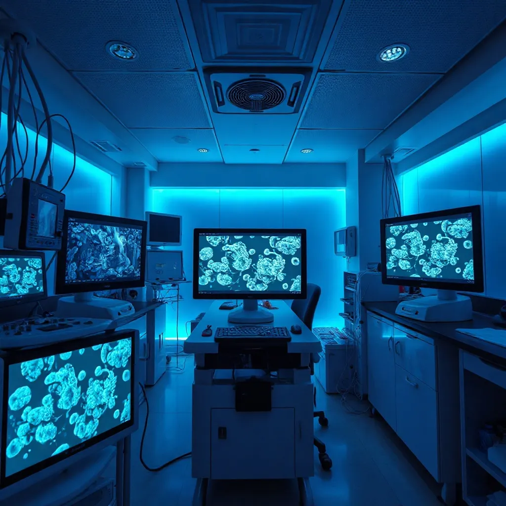 High-tech laboratory interior with blue ambient lighting, mi